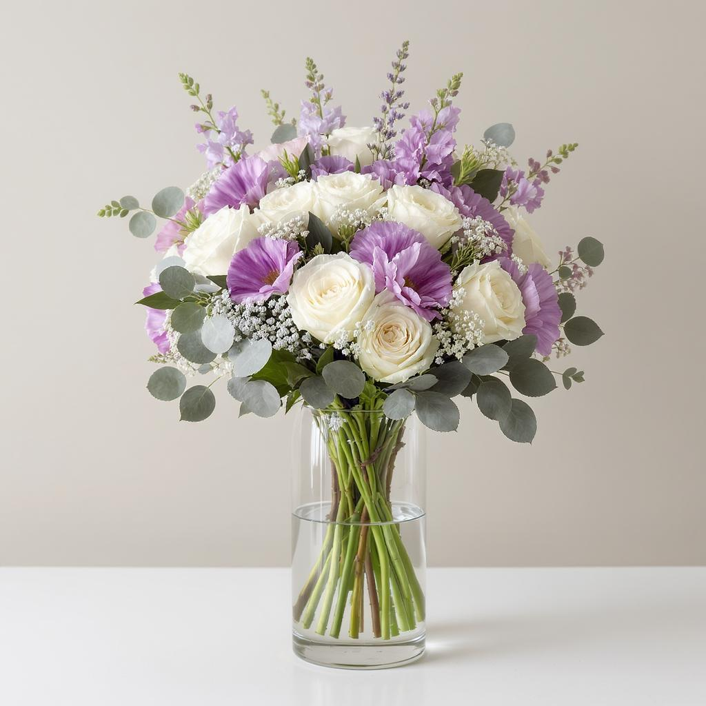 Lavender Breeze – Ivory & Purple Vase Arrangement
