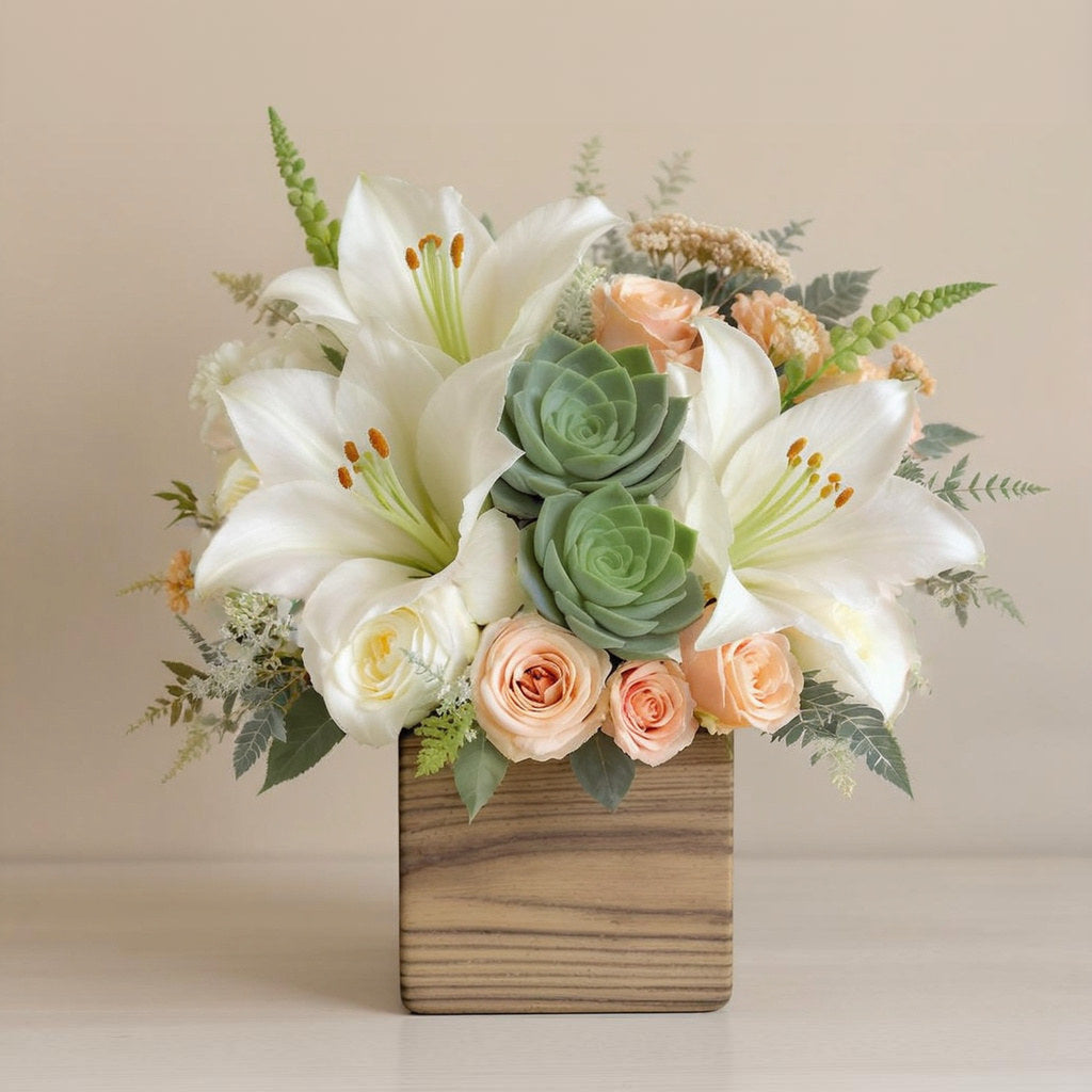 Premium size white lily, peach rose, and succulent arrangement with full greenery in a rustic wooden box — Local florist in North San Diego County.