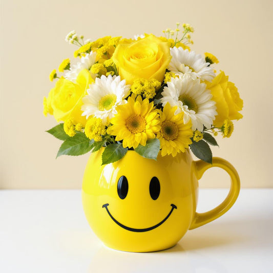 Deluxe size bright yellow rose and daisy floral arrangement with fuller blooms in a yellow smiley mug β fresh flowers Oceanside CA.