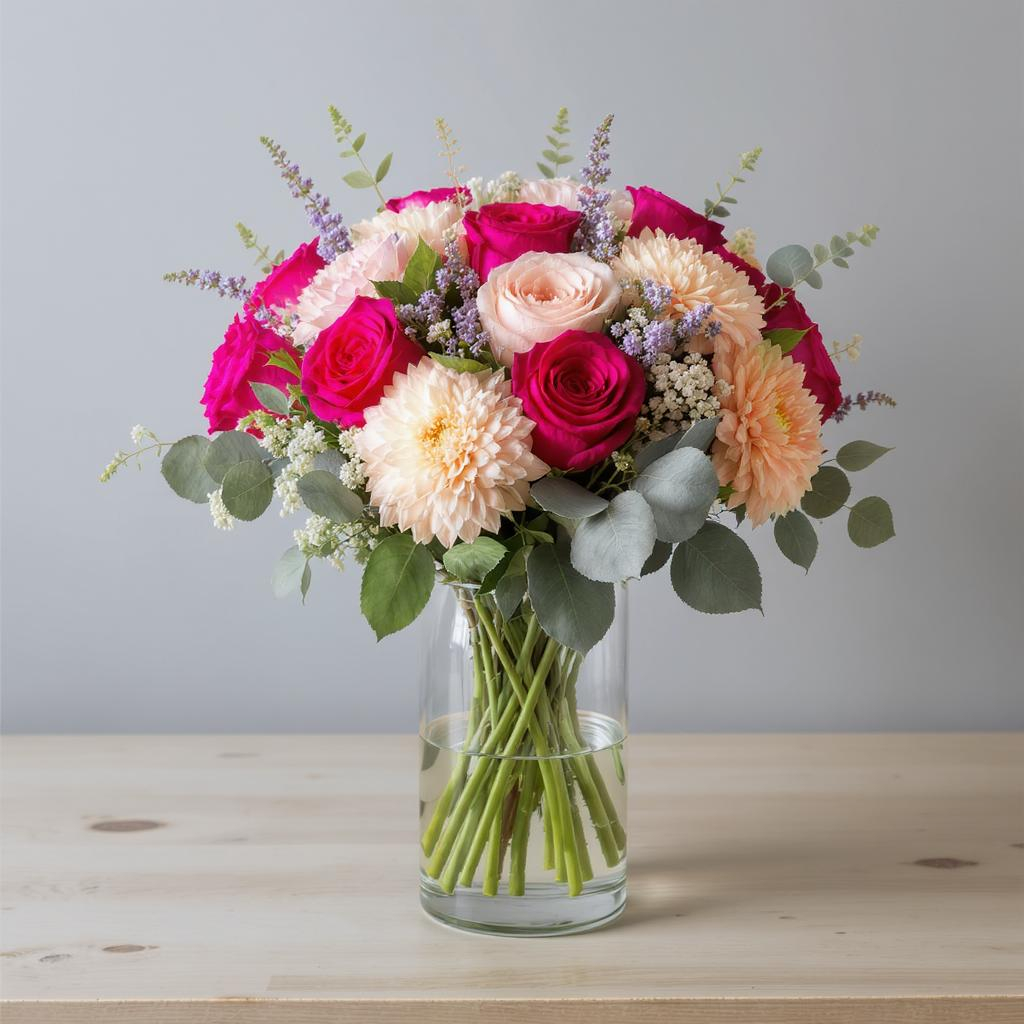 Blush Radiance β Hot Pink & Peach Rose Vase Arrangement