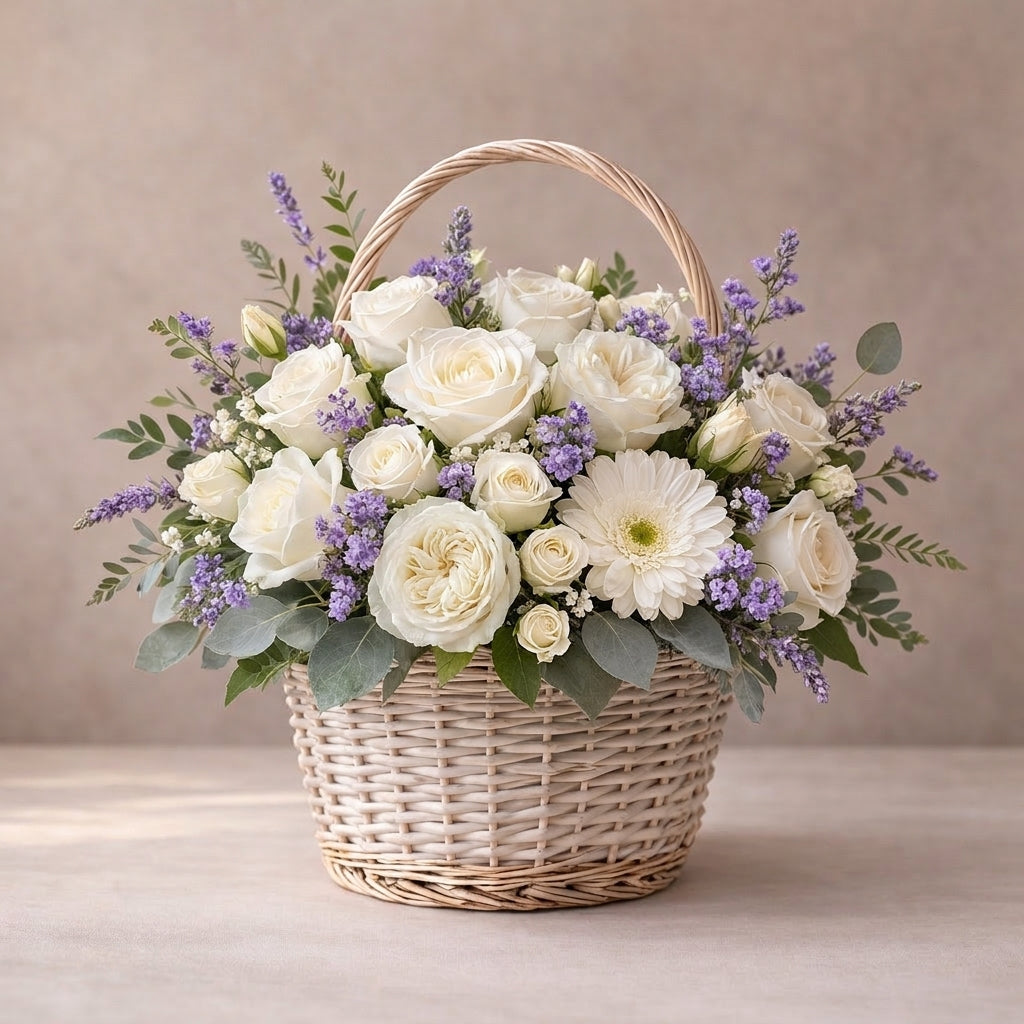Elegant White Harmony Basket with white roses, gerbera daisy and lavender filler – flower delivery Oceanside CA