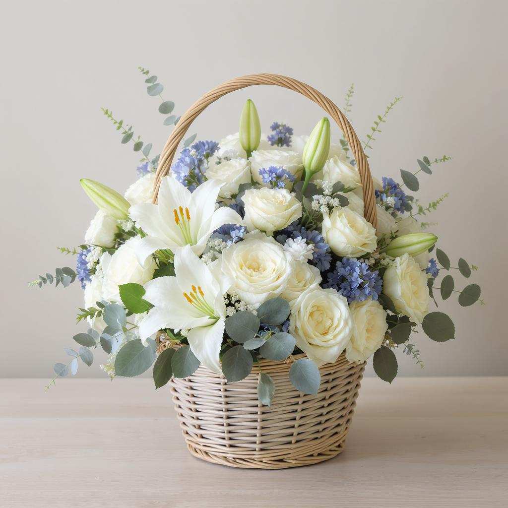 Serenity in Bloom – Blue & White Basket Arrangement
