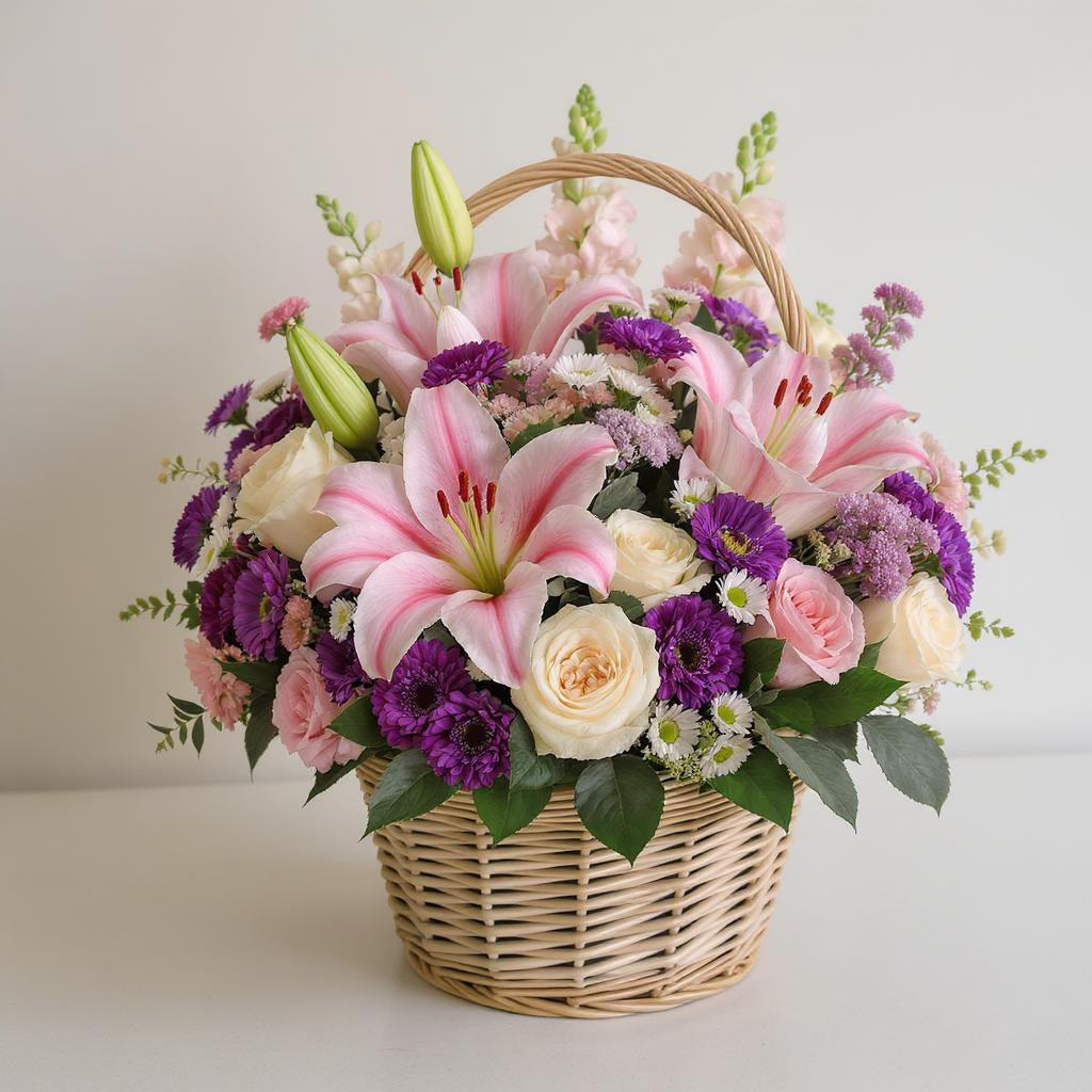 Premium size flower basket arrangement featuring fuller pink lilies, blush roses, ranunculus, and lush mixed greenery in a natural woven basket, styled on a light surface- Fresh flowers Vista CA.