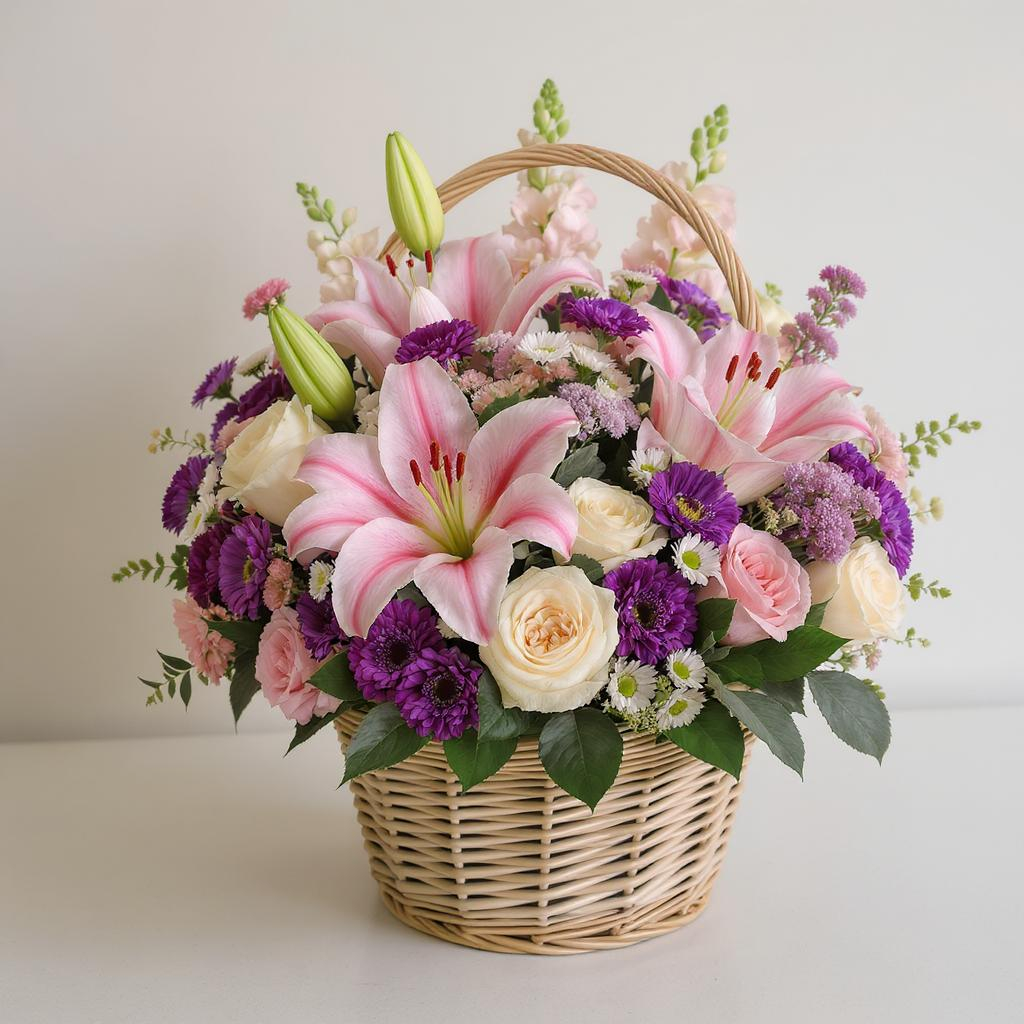 Graceful Pink Lily & Rose Basket
