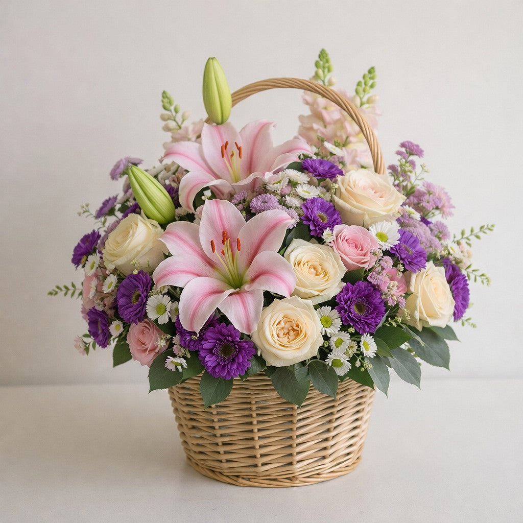 Premium size flower basket arrangement featuring fuller pink lilies, blush roses, ranunculus, and lush mixed greenery in a natural woven basket, styled on a light surface- Fresh flowers Vista CA.
