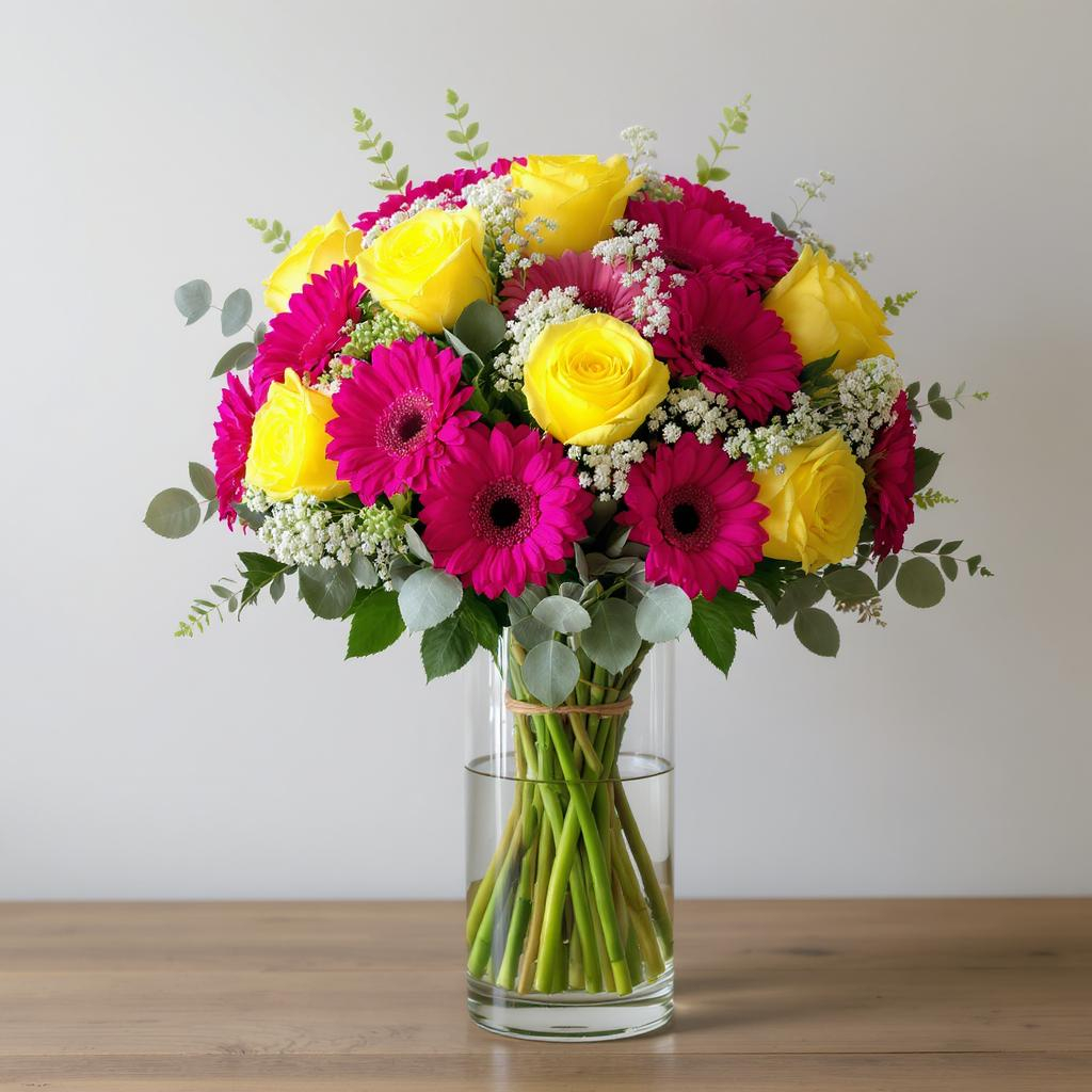 Sunset Pop – Yellow & Hot Pink Mix Vase Arrangement