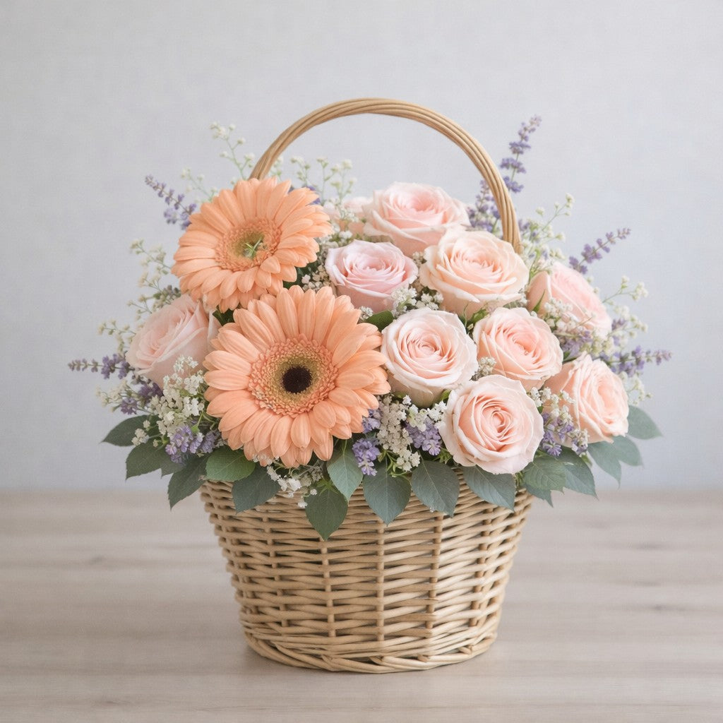 Premium peach gerbera and blush rose basket arrangement with lavender accents – flower delivery in Escondido, CA. Elegant pastel floral basket design.