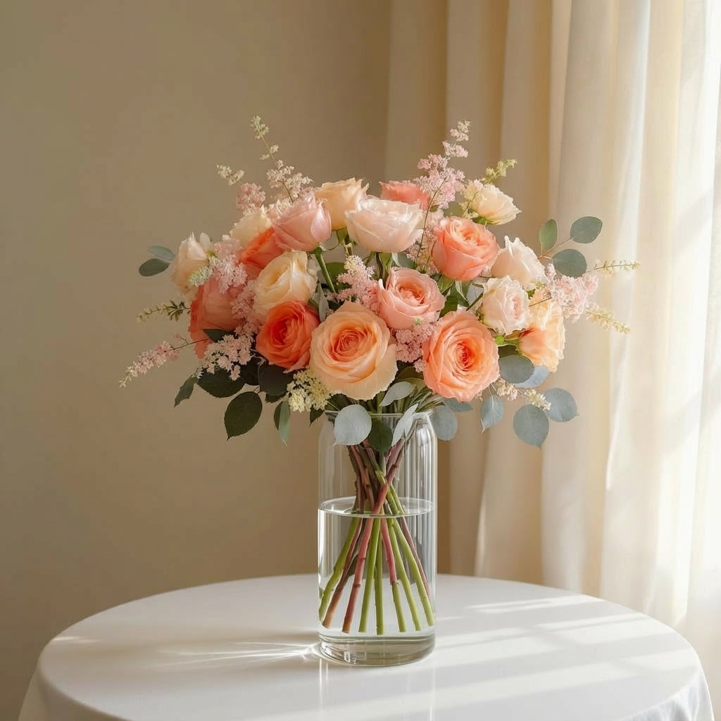 Premium size elegant peach rose arrangement with spray roses, astilbe, eucalyptus, and lush greenery in a clear glass vase displayed indoors - Same-day flower delivery Oceanside.