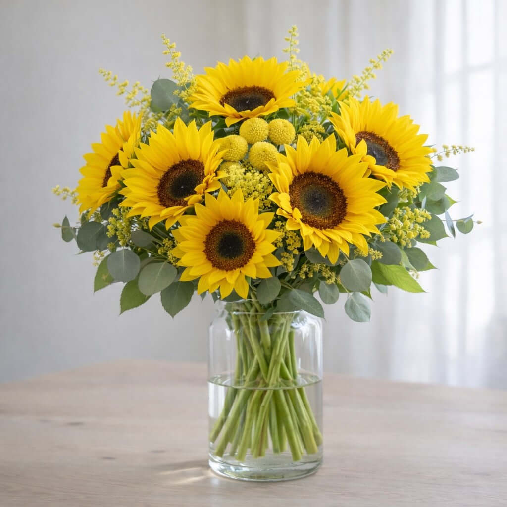 Sunflower vase arrangement with bright yellow sunflower blooms