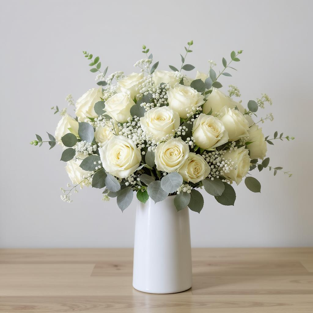 Elegant White Rose Bouquet in Ceramic Vase