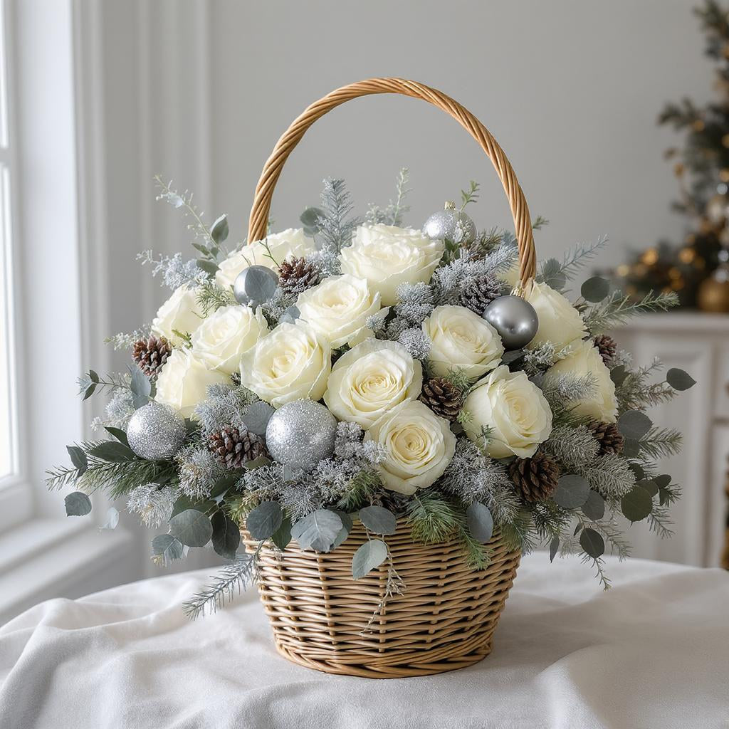 Premium size elegant white rose basket arrangement with cream roses, dusty miller, silver brunia, and eucalyptus in a woven wicker basket displayed indoors - Fresh flowers Vista CA.