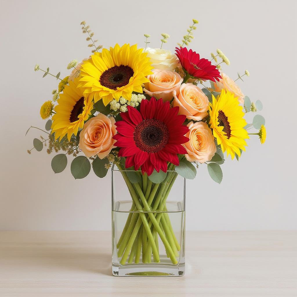 Premium size flower arrangement with abundant sunflowers, peach roses, pink gerberas, and lush greenery in a tall clear glass vase on a bright neutral background - Escondido florist.