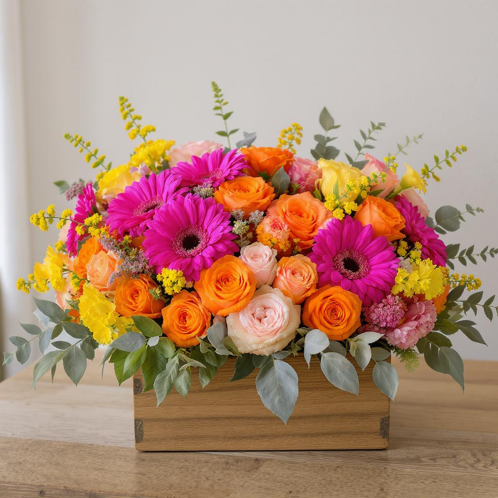Bright Box Flower Arrangement – Gerbera & Rose Mix