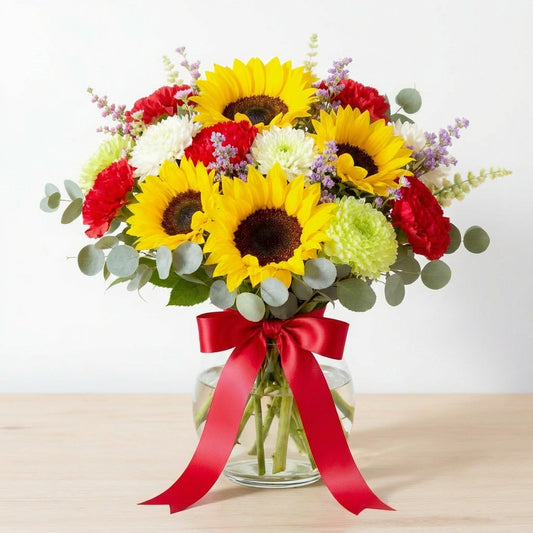Premium size vibrant sunflower and red carnation arrangement with full greenery and a red ribbon in a clear round vase β Vista florist.