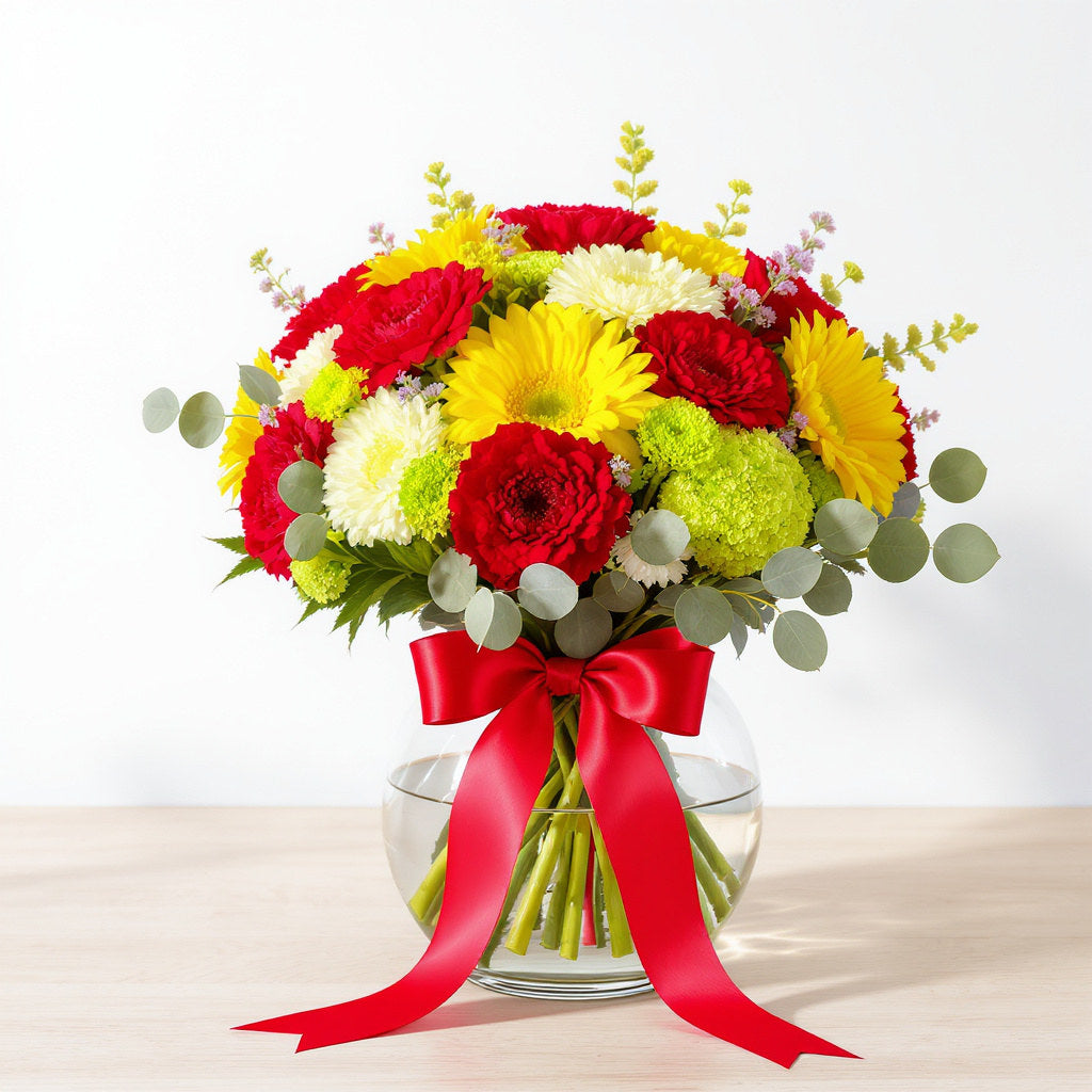 Premium size vibrant sunflower and red carnation arrangement with full greenery and a red ribbon in a clear round vase — Vista florist.