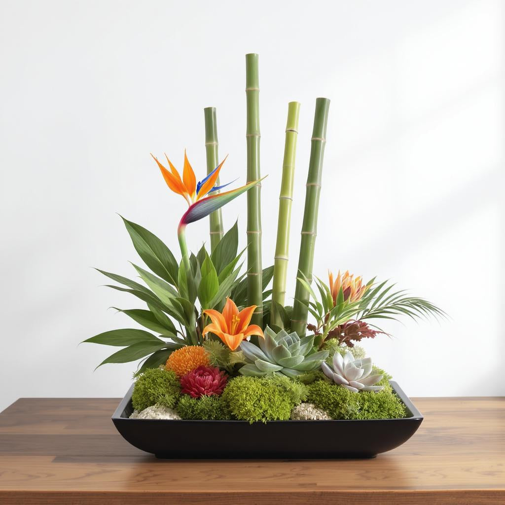 Deluxe size tropical arrangement featuring bird-of-paradise, bamboo stalks, pink lilies, green moss, and lush greenery in a black dish — Vista flower delivery.