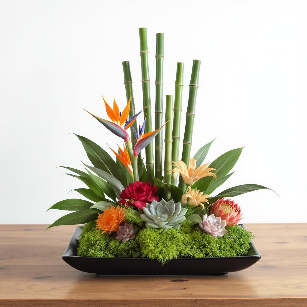 Premium size exotic tropical floral arrangement with bird-of-paradise, bamboo stalks, pink lilies, green moss, and full greenery in a black dish — Vista flower delivery.