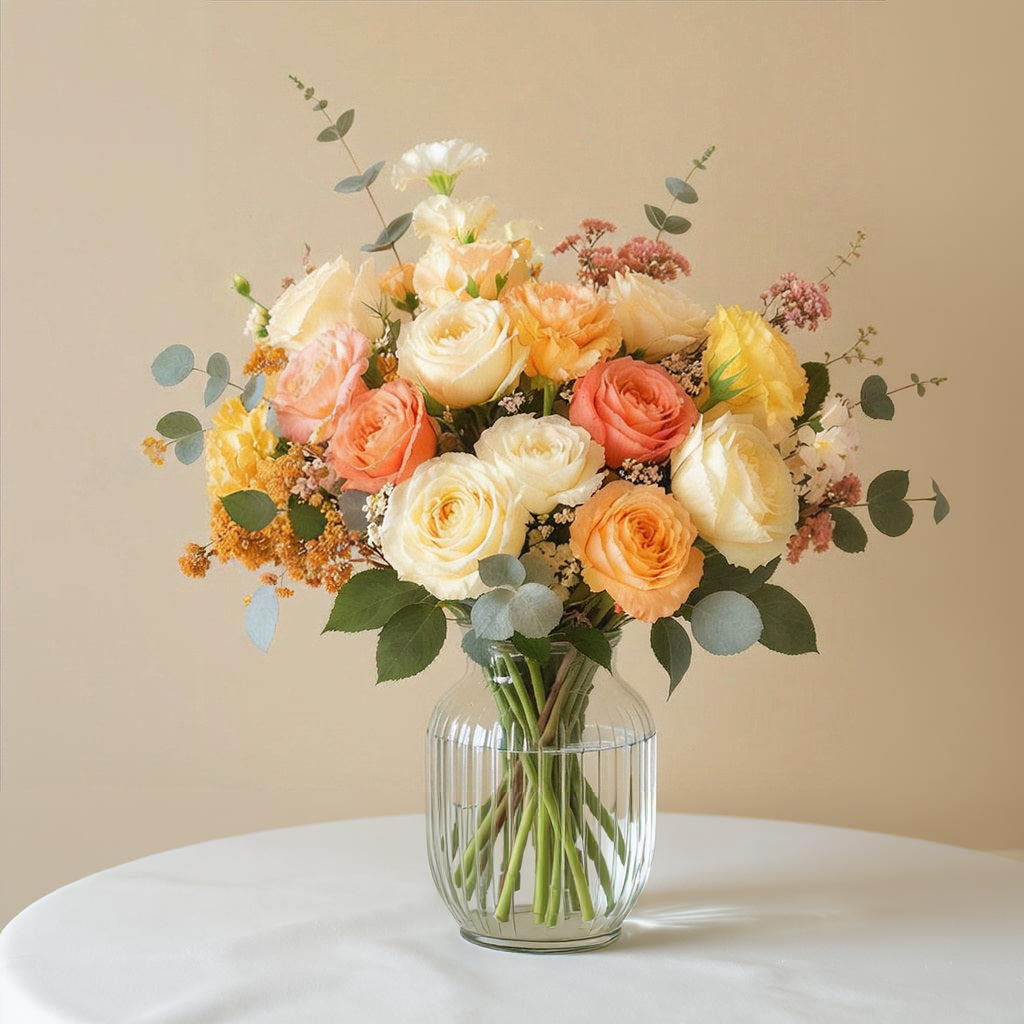 Premium size vibrant mixed bouquet featuring abundant peach roses, yellow roses, white blooms, and lush eucalyptus greenery arranged in a clear glass vase on a softly lit background — Fresh flowers North County San Diego.