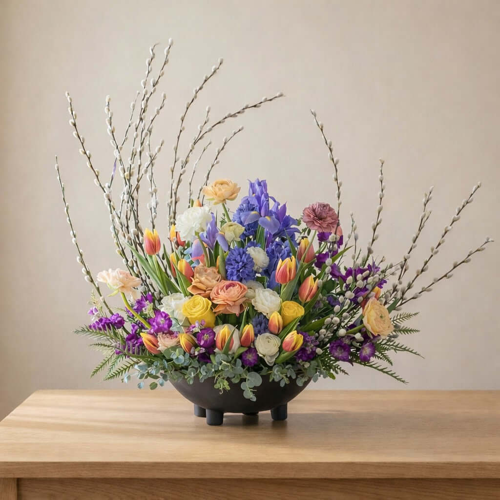 Spring Flower Centerpiece in a modern black bowl with tulips, irises, ranunculus, and pussy willow branches.