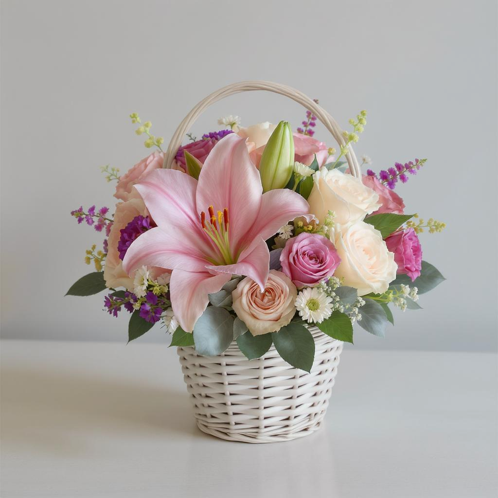 Handcrafted pink lily and rose flower basket arrangement in a white woven basket – Thanks Flowers San Marcos floral design.
