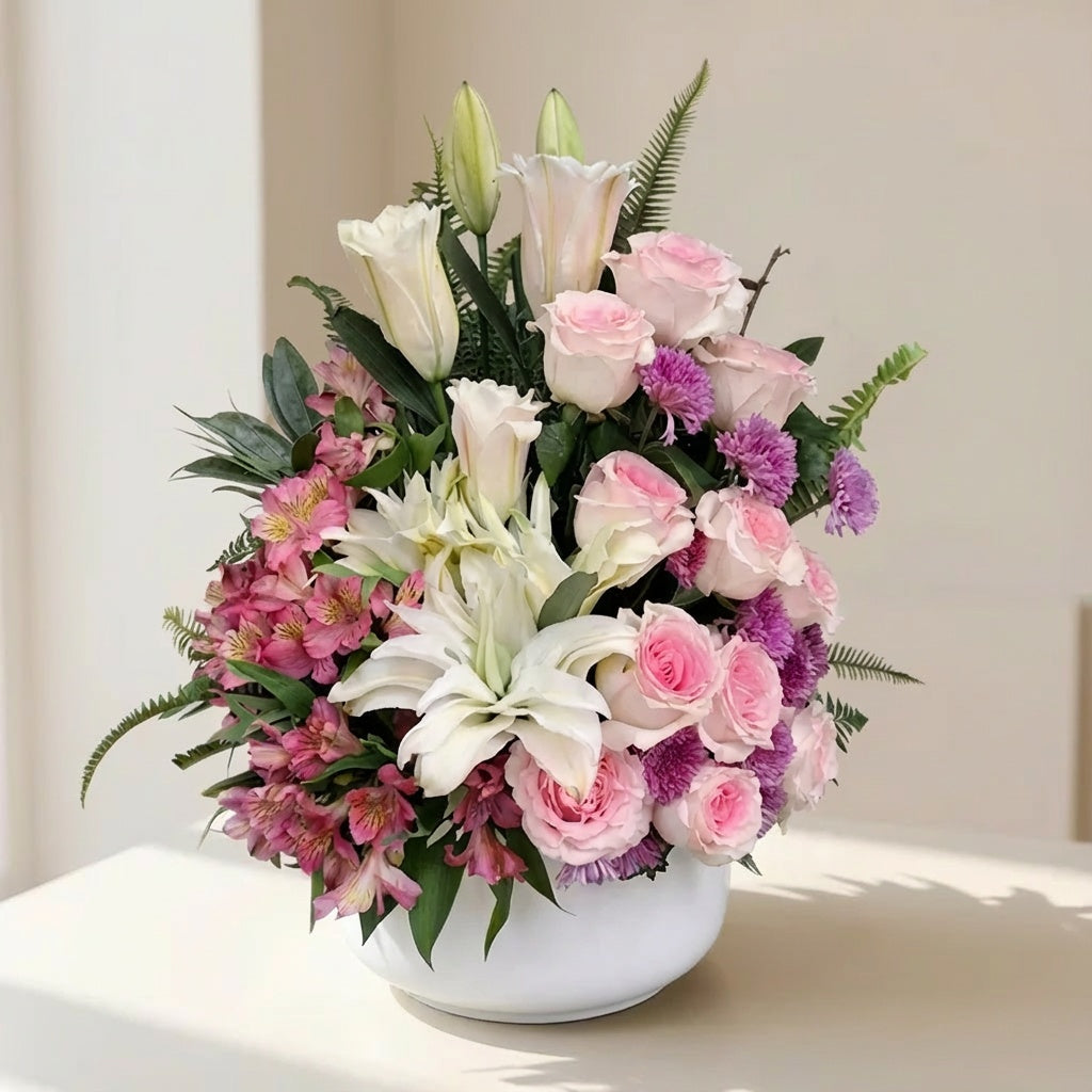 Mixed pink and white flower arrangement for multiple occasions by a San Marcos local florist