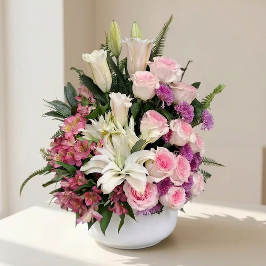 Mixed pink and white flower arrangement for multiple occasions by a San Marcos local florist