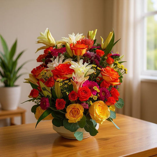 Handcrafted mixed flower arrangement featuring red roses, orange lilies, and yellow blooms created by Thanks Flowers.