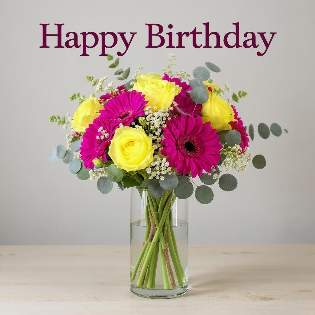 Bright birthday flower bouquet with yellow roses and hot pink gerbera daisies in a clear vase, handcrafted and available for same-day delivery in North San Diego County.