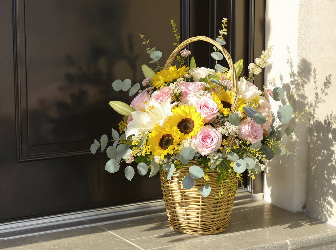 Yellow Sunflower & Pastel Rose Basket Arrangement placed by a front door for same-day delivery in San Marcos.