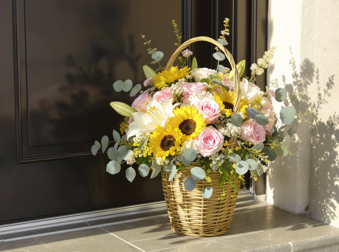 Yellow Sunflower & Pastel Rose Basket Arrangement placed by a front door for same-day delivery in San Marcos.