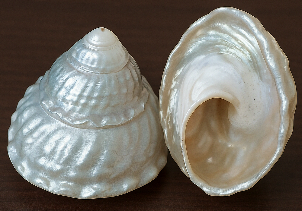 Two glossy white turban sea shells displayed on a wooden surface.