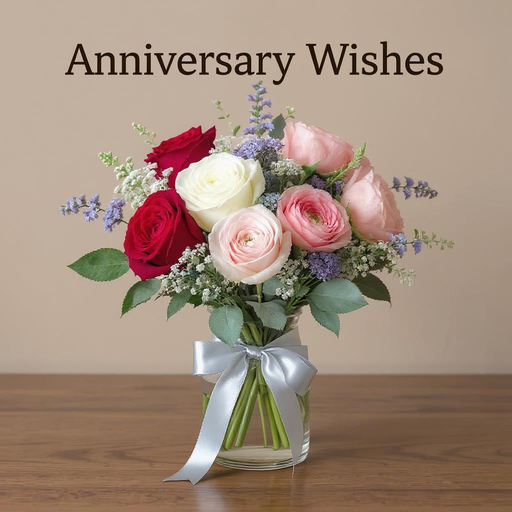 Elegant anniversary flower arrangement with red and pink roses, white blooms, and greenery in a clear glass vase — handcrafted and delivered to San Marcos, Vista, Escondido, Oceanside, and Carlsbad.
