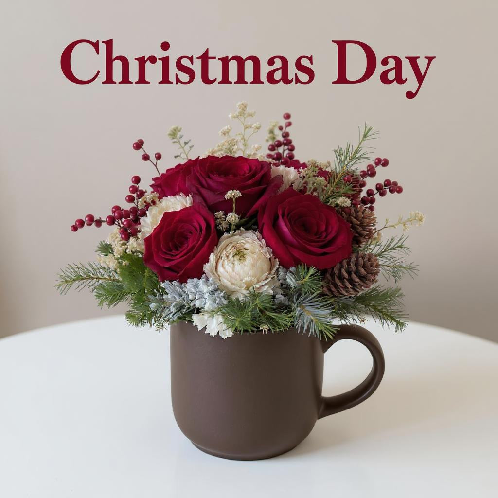 Christmas mug arrangement with red and white roses, pine accents, and festive seasonal greenery — handcrafted holiday flowers delivered to San Marcos, Vista, Escondido, Oceanside, and Carlsbad.