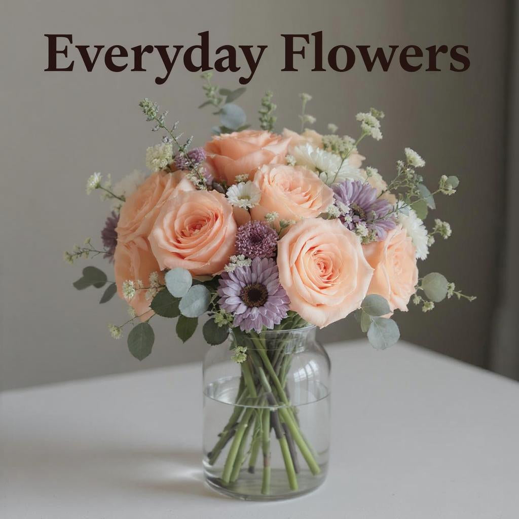 Peach rose and soft purple daisy everyday flower bouquet in a clear vase — handcrafted arrangement delivered to San Marcos, Vista, Escondido, Oceanside, and Carlsbad.