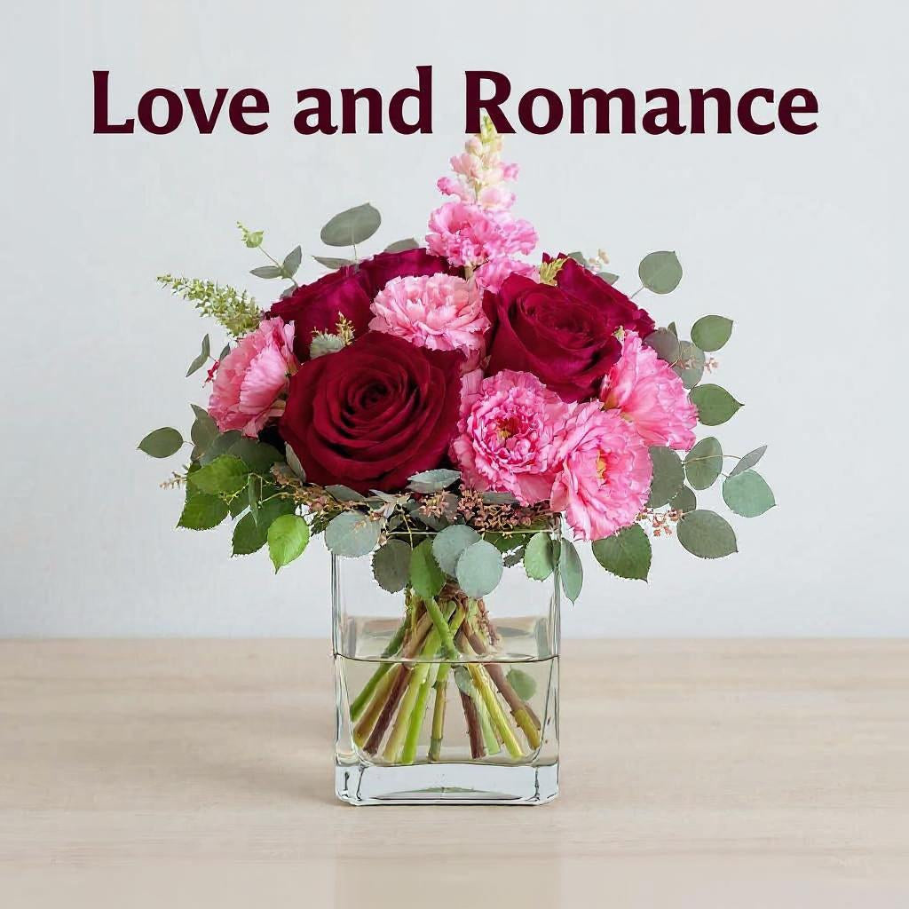 Romantic red and pink flower bouquet in a square glass vase on a light table — handcrafted Love and Romance arrangement delivered to San Marcos, Vista, Escondido, Oceanside, and Carlsbad.