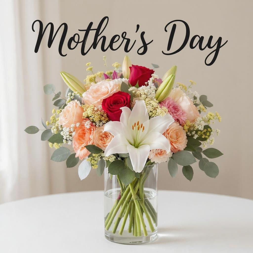 Mother’s Day flower arrangement with lilies, roses, and soft pink seasonal blooms in a clear vase — handcrafted bouquet delivered to San Marcos, Vista, and Oceanside.