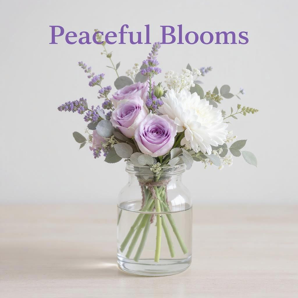 Soft pastel sympathy flower arrangement with lavender roses, white blooms, and greenery in a clear vase — handcrafted and delivered to San Marcos, Vista, Escondido, Oceanside, and Carlsbad.