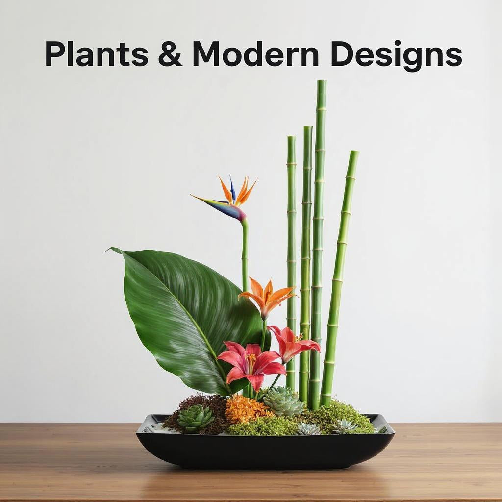 Modern plant and floral arrangement with bamboo, bird of paradise, and tropical greens in a black dish — handcrafted and delivered to San Marcos, Vista, Escondido, Oceanside, and Carlsbad.
