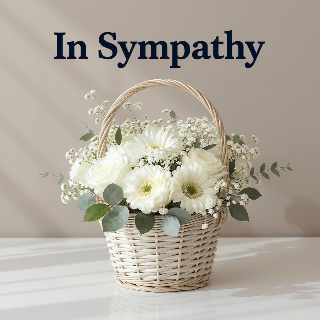 White sympathy flower basket with lilies and roses on a neutral table — handcrafted condolence arrangement delivered to San Marcos, Vista, Escondido, Oceanside, and Carlsbad.
