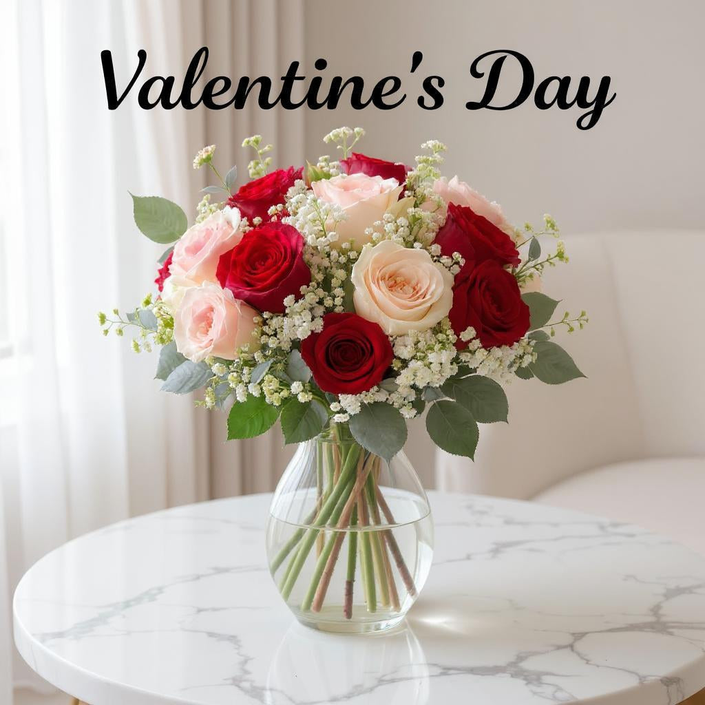 Romantic Valentine’s Day flower arrangement with red and blush roses in a clear vase — handcrafted and delivered to San Marcos, Vista, Escondido, Oceanside, and Carlsbad.