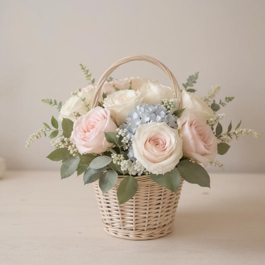 Regular size pastel flower basket featuring soft pink roses, blue hydrangeas, white accent blooms, and eucalyptus greenery arranged in a woven wicker basket — Same-day flower delivery Oceanside.