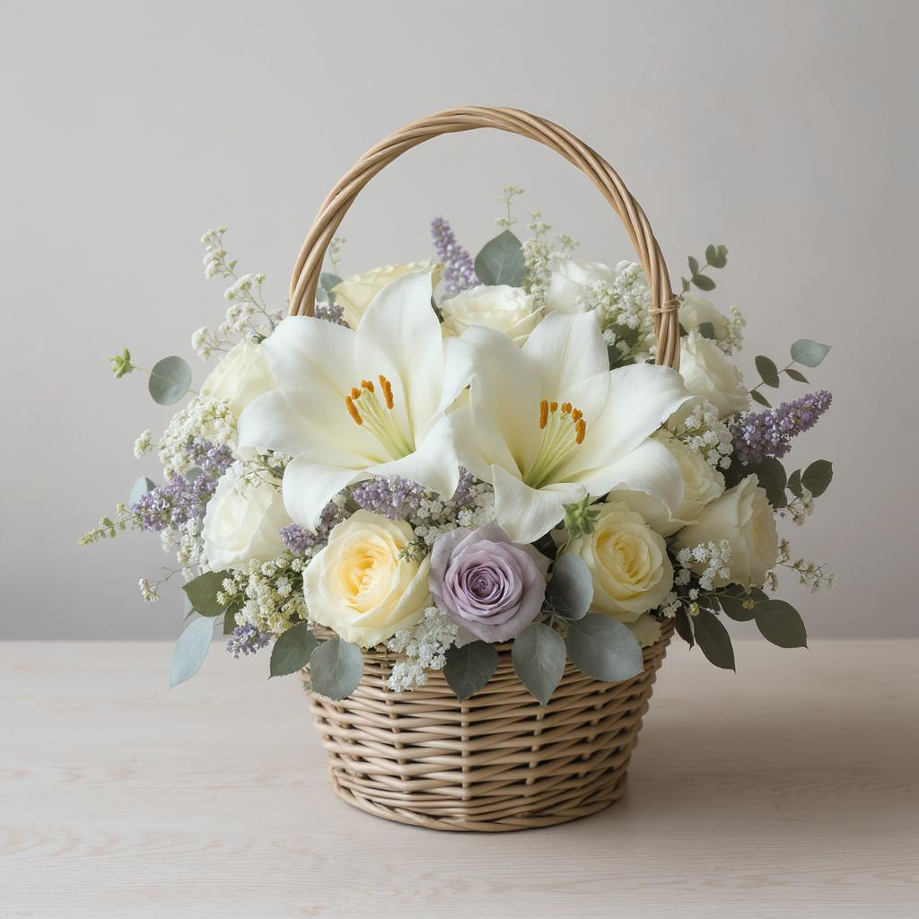 The Law of Peace Over Rage – White Lilies & Lavender Basket Arrangement