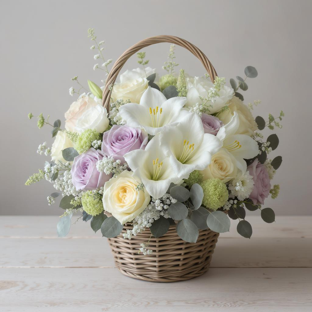 The Law of Peace Over Rage – White Lilies & Lavender Basket Arrangement