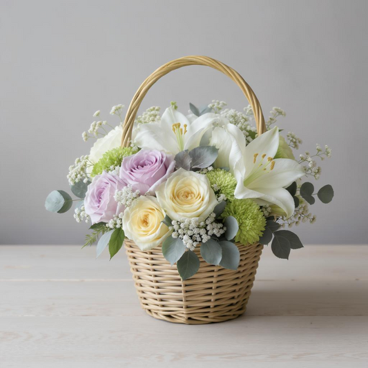 The Law of Peace Over Rage – White Lilies & Lavender Basket Arrangement