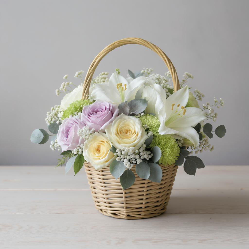 Regular size elegant flower basket featuring white lilies, pale yellow roses, lavender roses, and eucalyptus greenery arranged in a woven wicker basket — Oceanside flower delivery.