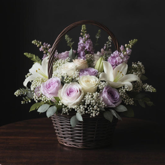 Deluxe size elegant flower basket featuring soft lavender roses, white lilies, purple accent blooms, and lush greenery arranged in a dark woven basket on a dark wooden table — Fresh flowers Escondido CA.