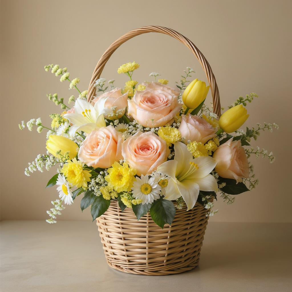 Deluxe size pastel flower basket with fuller peach roses, additional yellow tulips, white accent flowers, and enhanced greenery in a woven wicker basket — Same-day flowers Escondido.