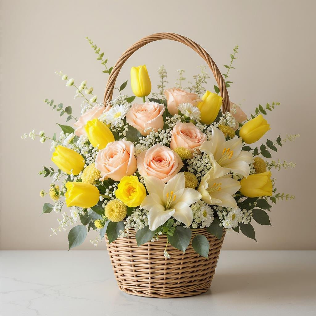 Premium size pastel flower basket featuring an abundant arrangement of peach roses, yellow tulips, white blooms, and lush greenery in a woven wicker basket on a light wooden surface — Same-day flowers Escondido.