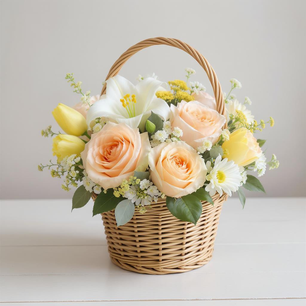 Regular size pastel flower basket featuring peach roses, yellow tulips, white accent blooms, and soft greenery arranged in a woven wicker basket — Same-day flowers Escondido.