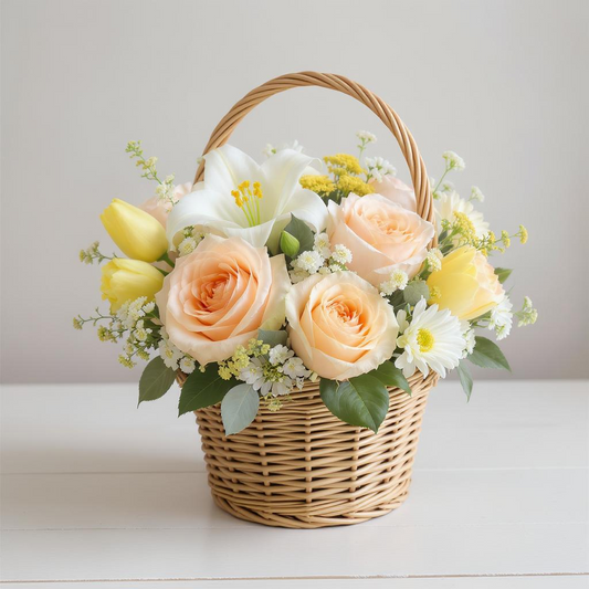 The Law of Tolerance – Peach & Yellow Basket Arrangement
